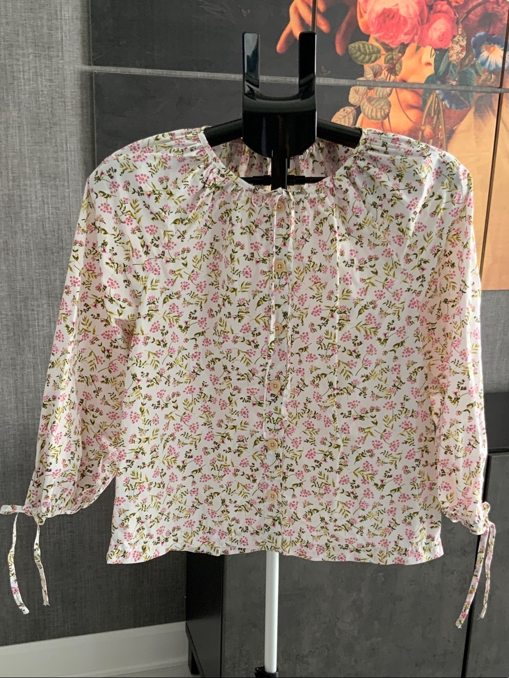 J. Crew White Floral Button-Front Blouse with Pink and Green Print XS